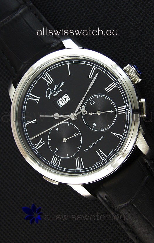 Glashuette Dual Sub Dial Japanese Replica Watch in Black Dial