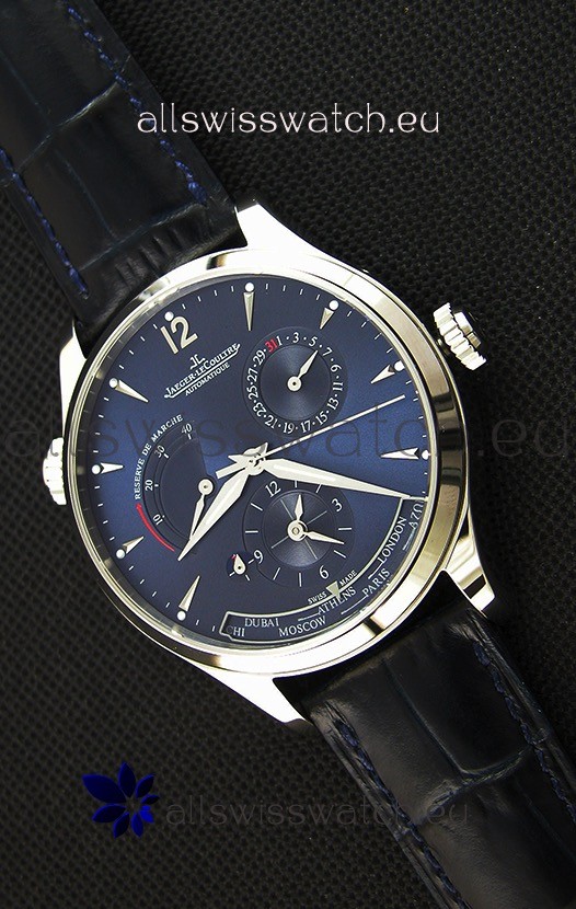 Jaeger LeCoultre Master Geographic Power Reserve Steel Case Steel Blue Dial Swiss Replica Watch 