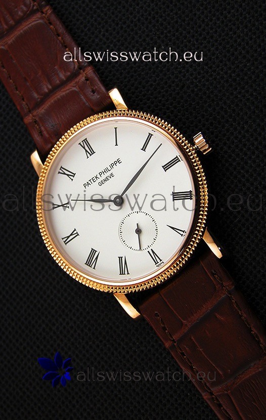 Patek Philippe Calatrava Japanese Mens Watch in Yellow Gold Case Brown Strap