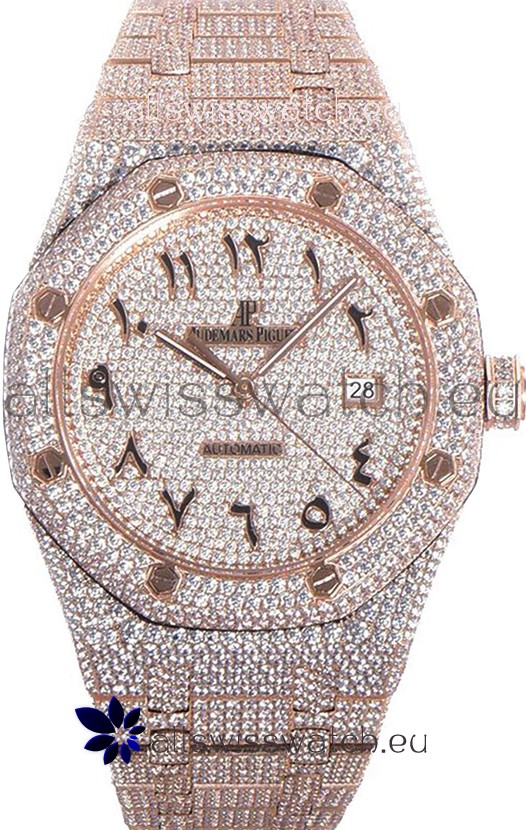 Audemars Piguet Royal Oak 15400 Iced Out Arabic Dial in Rose Gold Casing Swiss Replica Watch