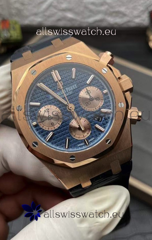 Audemars Piguet Royal Oak Chronograph Rose Gold Blue Dial Leather Strap Swiss Replica Watch
