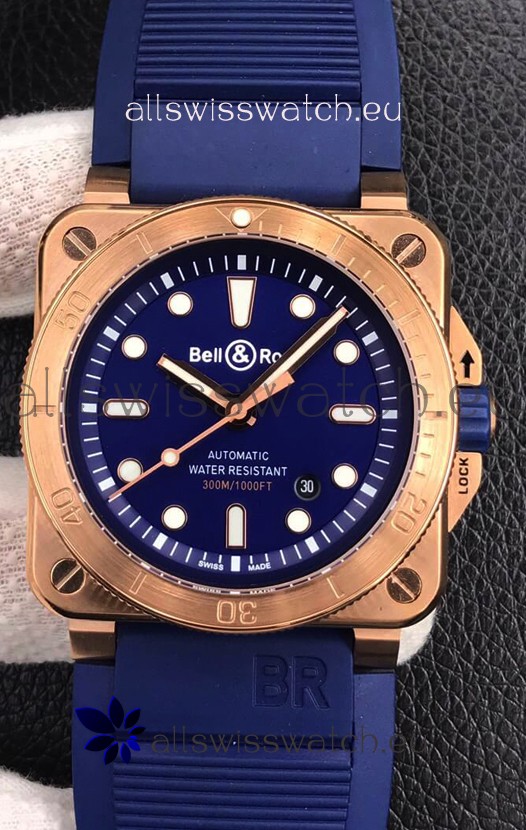 Bell & Ross BR03-92 Diver Rose Gold Blue Dial Swiss Replica Watch 1:1 Mirror Replica