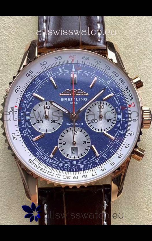 Breitling Navitimer B01 Chronograph 43 Blue Dial - Rose Gold Plated Casing 1:1 Mirror Swiss Replica