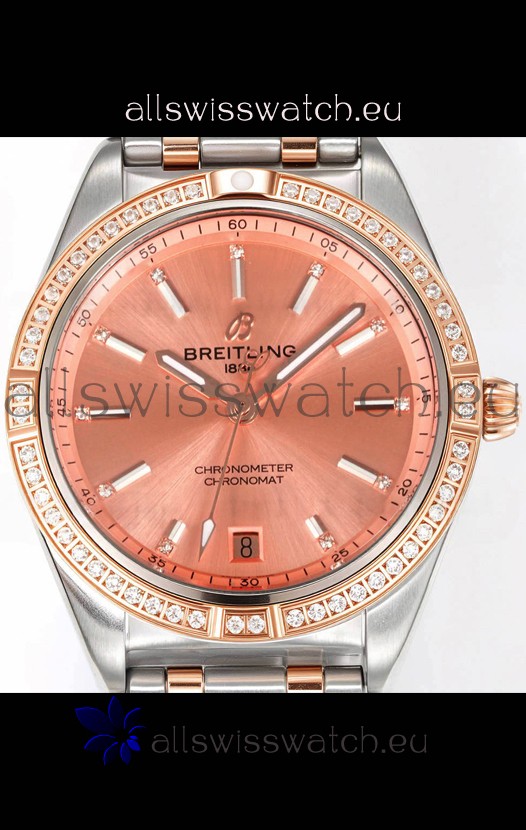 Breitling Chronomat 36MM 2 Tone Rose Gold Casing 1:1 Mirror Replica Watch Salmon Dial