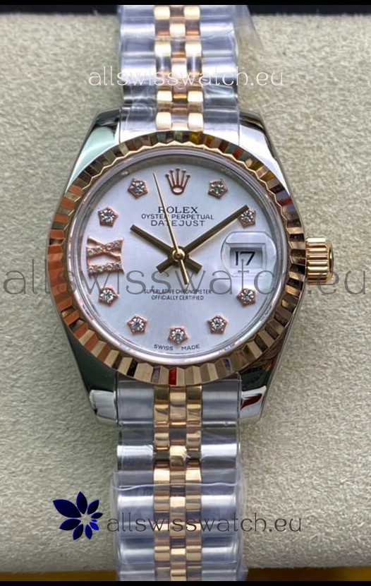 Rolex Datejust 28MM Swiss Replica in 904L Steel 2 Tone Rose Gold in White Dial - 1:1 Mirror Replica