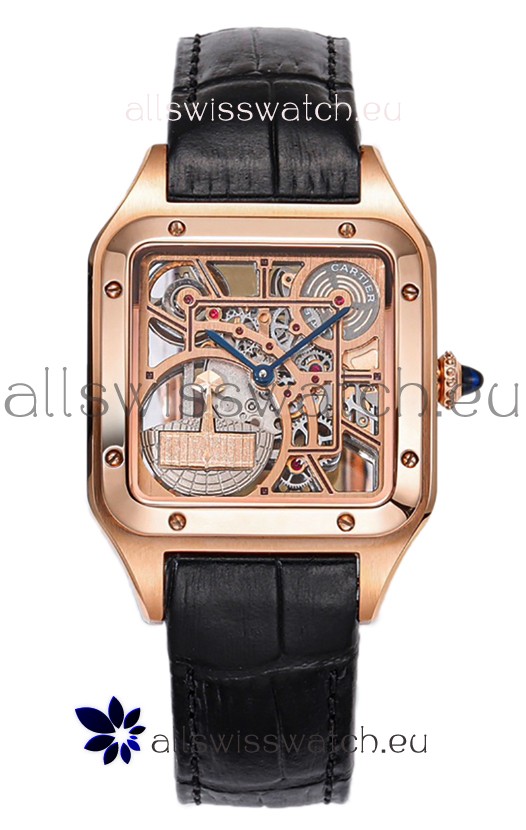 Cartier Santos Dumont Skeleton Rose Gold Watch in Black Leather Strap 43.5MM