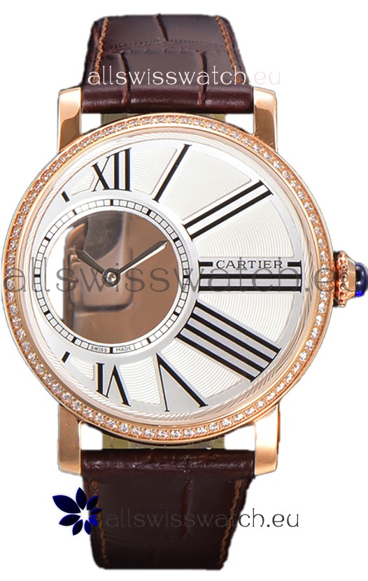 Rotonde De Cartier in Rose Gold Casing - Leather Strap Swiss Quartz Replica Watch 