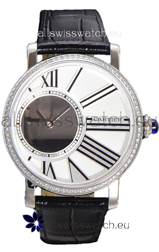 Rotonde De Cartier in Stainless Steel Casing - Leather Strap Swiss Quartz Replica Watch 