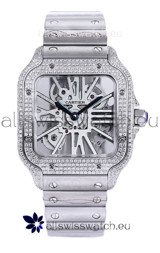 Santos De Cartier Watch in Skeleton Dial - Diamonds Bezel in Steel Casing & Strap Swiss Replica