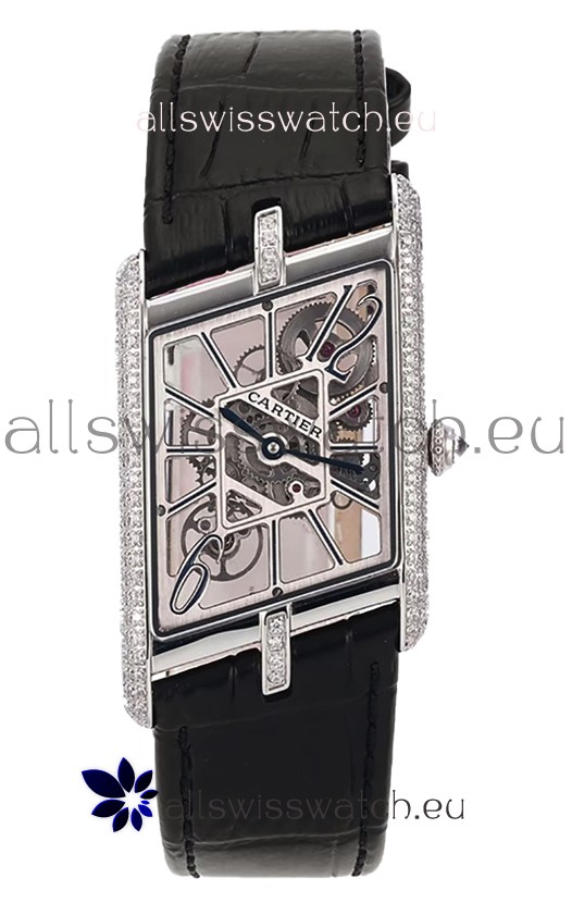 Cartier Tank Asymétrique Stainless Steel Casing Diamonds Bezel Watch in Leather Strap Swiss Replica