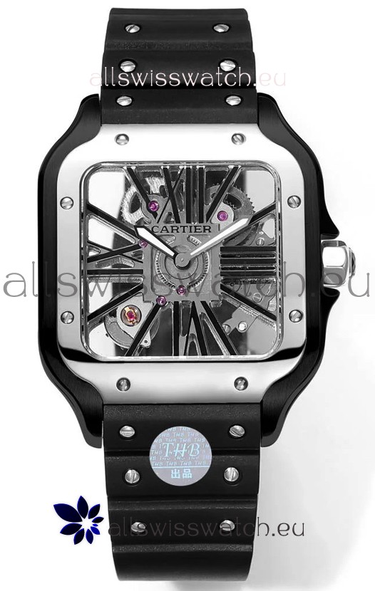 Santos De Cartier Watch in Skeleton Dial - DLC Coated Casing & Steel Strap in Rubber Strap