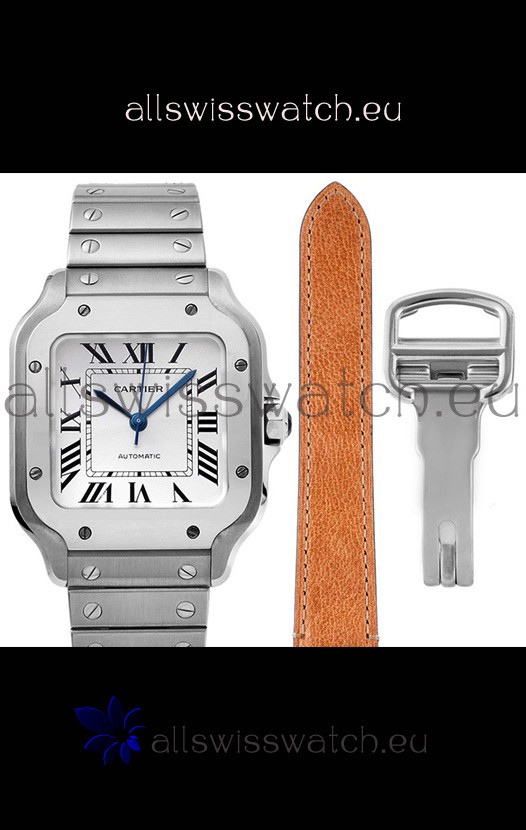 Cartier "Santos De Cartier" Mens XL 1:1 Mirror Replica Watch in Stainless Steel Casing - White Bezel