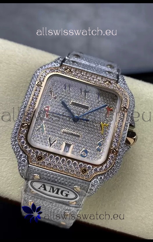 Cartier "Santos De Cartier" 904L Steel Diamonds Colored Arabic Dial 1:1 Mirror Replica - 40MM - Genuine Diamonds