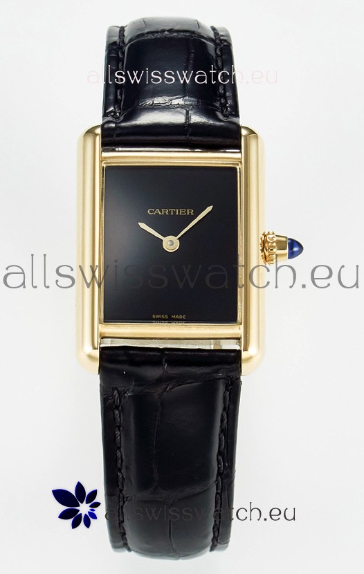 Tank Must Cartier Super Clone Edition 29MM Watch in Yellow Gold Casing Black Dial 