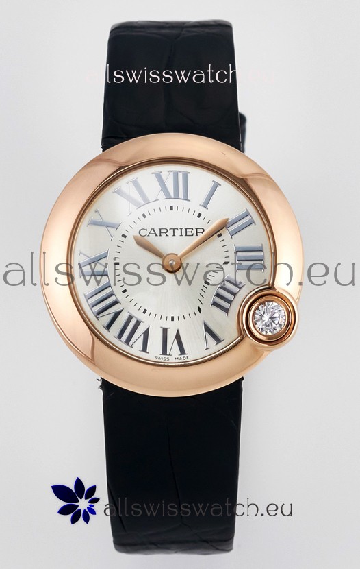 Ballon Blanc De Cartier Super Clone Watch 30MM in Rose Gold Casing Black Strap
