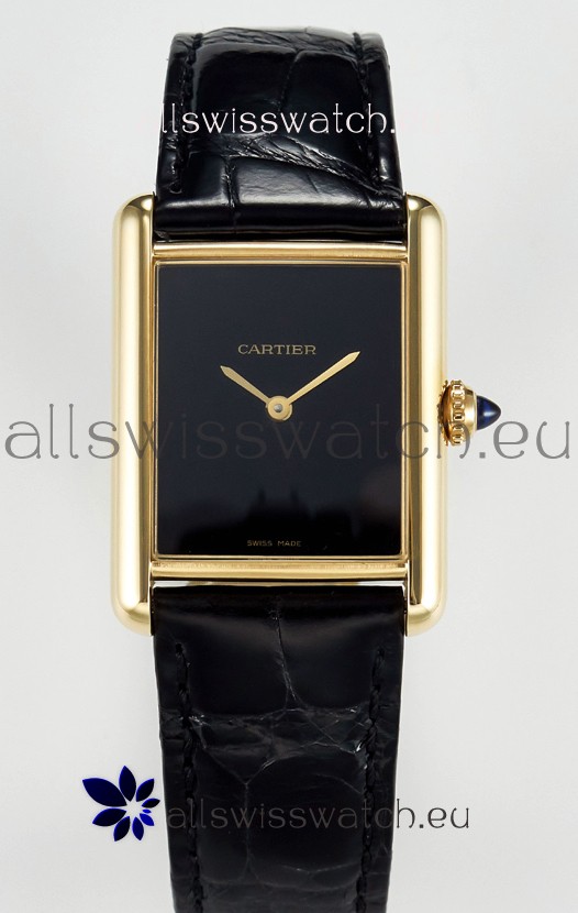 Tank Must Cartier Super Clone Edition 33.7MM Watch in Yellow Gold Casing Black Dial 
