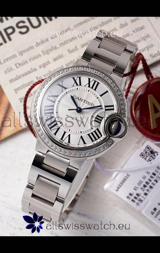 Ballon De Cartier Swiss Automatic 1:1 Mirror Quality 33MM in Steel Casing Diamonds Bezel