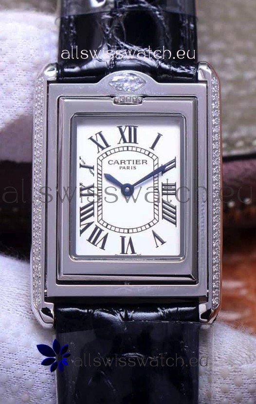 Cartier Tank Reversible Swiss Quartz Replica Watch in Steel Casing - Black Strap