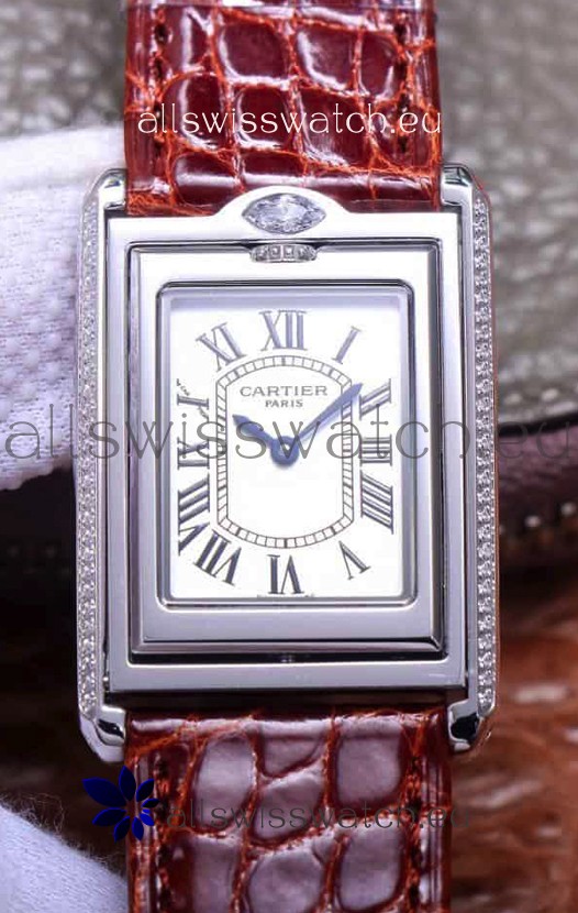 Cartier Tank Reversible Swiss Quartz Replica Watch in Steel Casing - Brown Strap