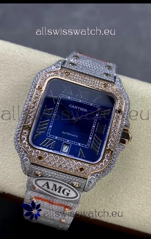 Cartier "Santos De Cartier" Two Tone Blue Dial 1:1 Mirror Replica - 40MM - Genuine Diamonds