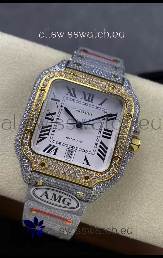 Cartier "Santos De Cartier" Two Tone White Dial 1:1 Mirror Replica - 40MM - Genuine Diamonds