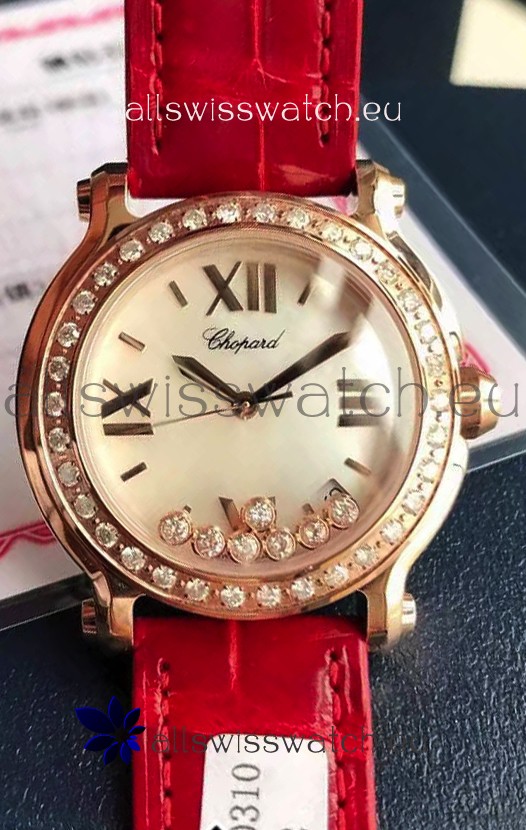 Chopard Happy Rose Gold Swiss Quartz Watch 1:1 Mirror Replica - Genuine Diamonds 