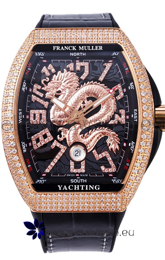 Franck Muller Vanguard Yachting Dragon V45 Black Dial in Gold Diamonds Bezel Swiss Replica