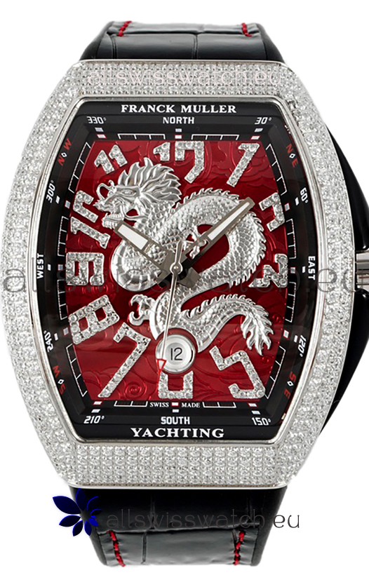 Franck Muller Vanguard Yachting Dragon V45 Red Dial in Rounded Diamonds Bezel Swiss Replica