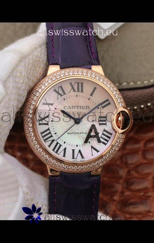 Ballon De Cartier Swiss Automatic 1:1 Mirror Quality 36MM in Purple Strap Rose Gold Casing