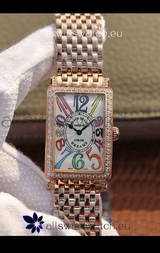 Franck Muller Long Island Pink Gold Swiss Watch in Swiss Quartz Movement Diamonds Bezel