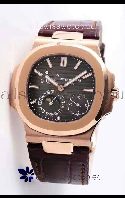 Patek Philippe Nautilus 5712/R 1:1 Quality Swiss Replica Watch in Brown Dial Leather Strap