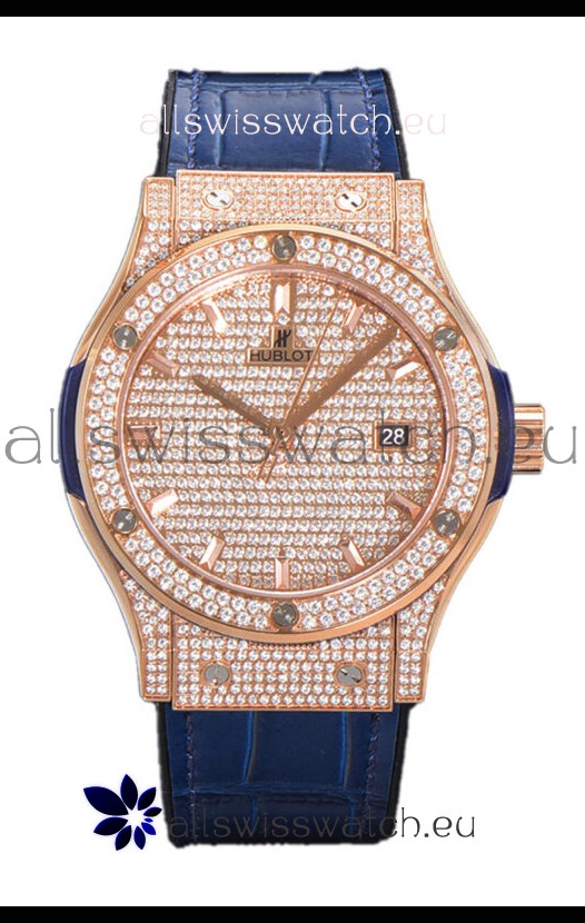 Hublot Classic Fusion Automatic Rose Gold Diamonds Paved Dial Blue Strap 42MM Superclone Replica Watch 
