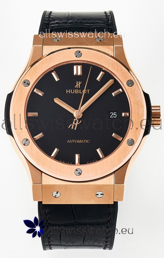 Hublot Super Clone Classic Fusion Rose Gold 42MM 1:1 Mirror Replica Watch Black Dial