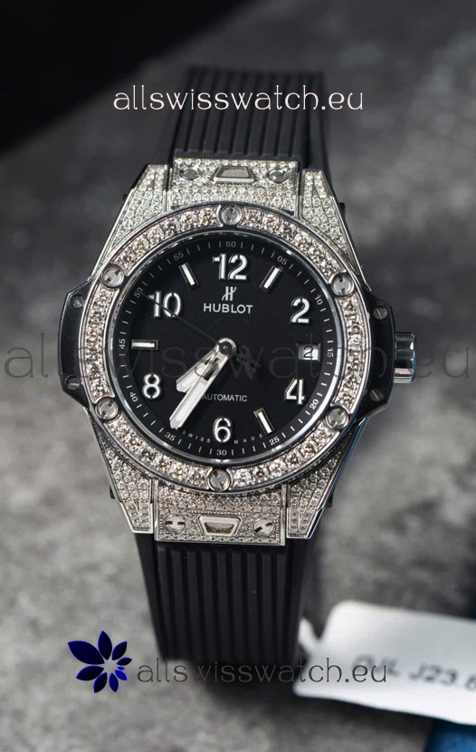 Hublot Big Bang One Click Mossanites Paved Casing Swiss Replica Watch Black Dial