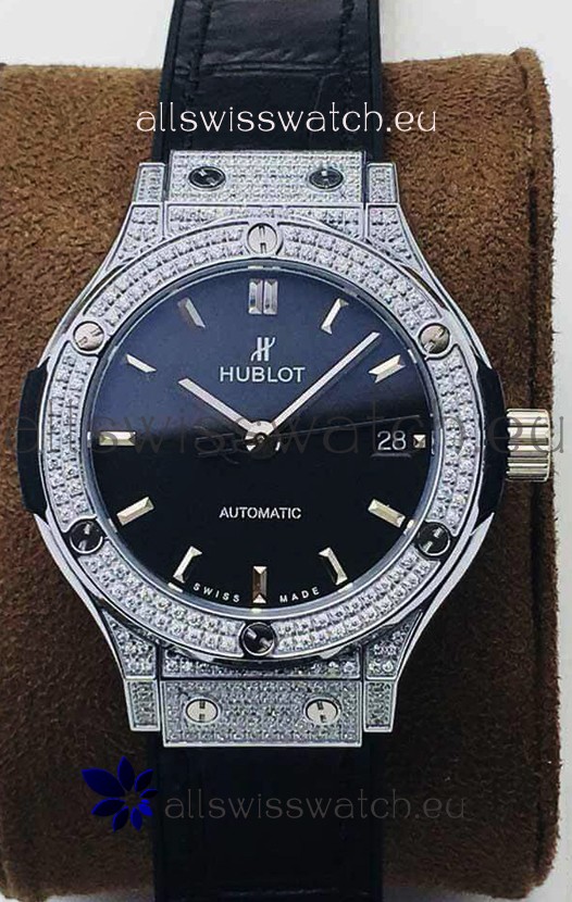Hublot Classic Fusion Diamonds Steel Black Dial 38MM Swiss Replica Watch 1:1 Mirror Quality