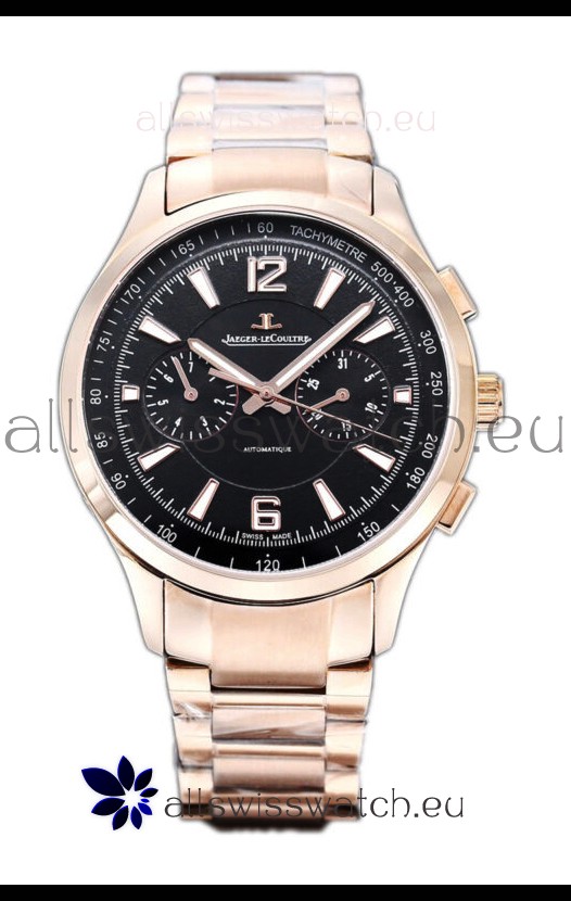 Jaeger LeCoultre Polaris Chronograph Rose Gold Casing Black Dial Swiss Replica Watch 