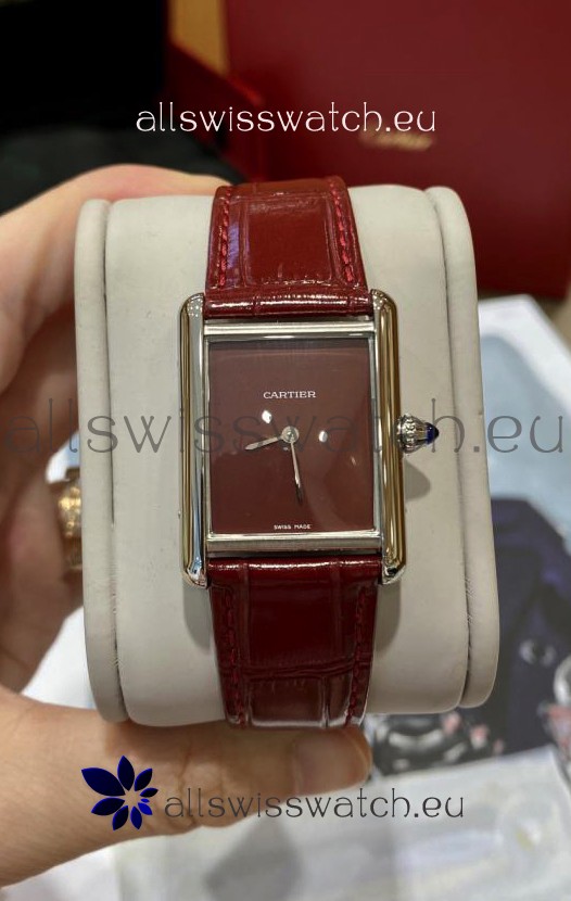 Must De Cartier Tank Edition Watch in 904L Stainless Steel Casing Maroon Dial