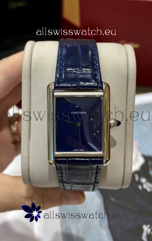 Must De Cartier Tank Edition Watch in 904L Stainless Steel Casing Dark Blue Dial