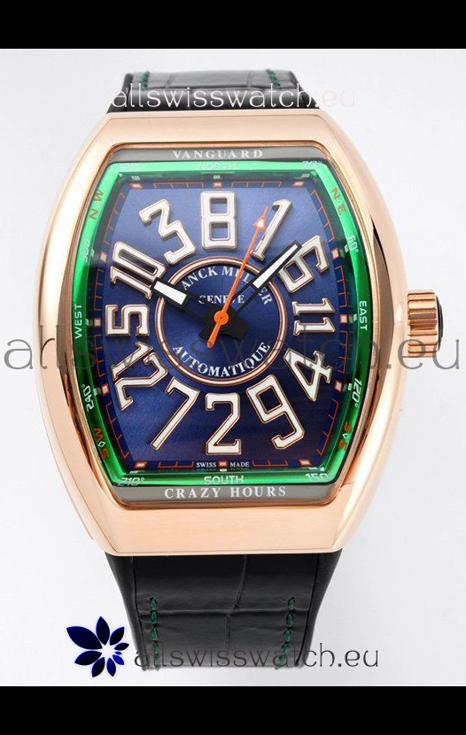 Franck Muller Vanguard Crazy Hours in Rose Gold Plating - Steel Blue Dial Swiss Replica Watch 