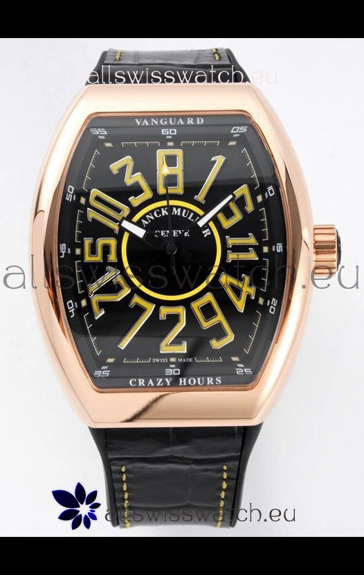 Franck Muller Vanguard Crazy Hours in Rose Gold Plating - Black Dial Swiss Replica Watch 