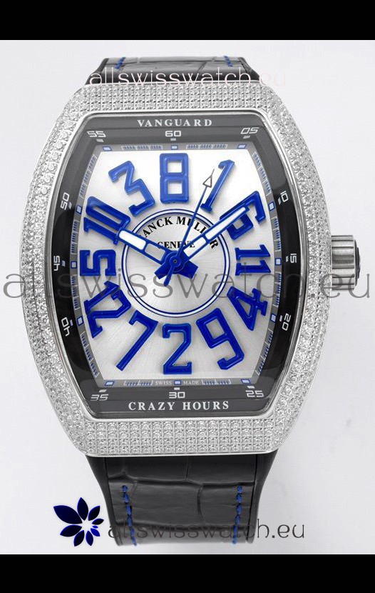 Franck Muller Vanguard Crazy Hours in Stainless Steel Diamonds - White Dial Swiss Replica Watch 