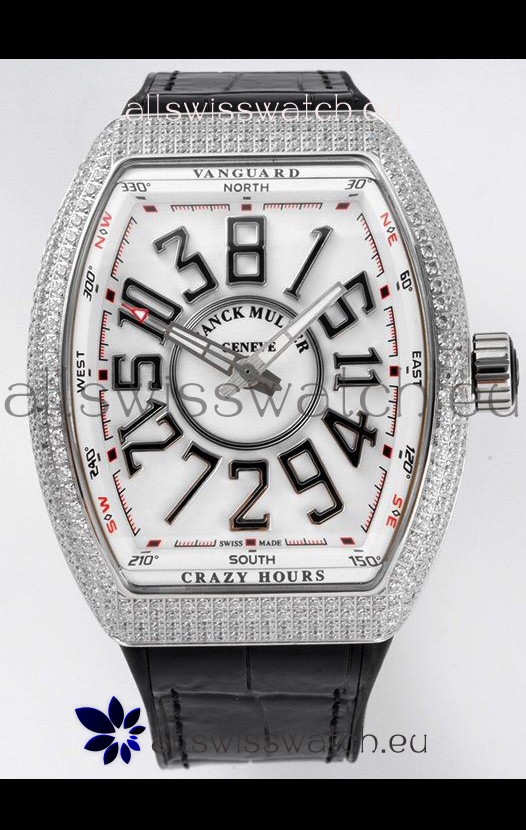 Franck Muller Vanguard Crazy Hours in Stainless Steel Diamonds - White Dial Swiss Replica Watch 