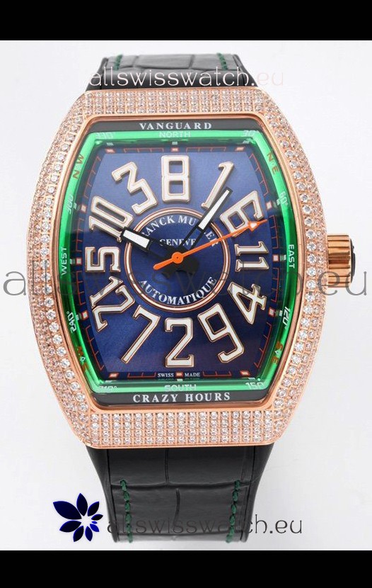 Franck Muller Vanguard Crazy Hours Rose Gold Diamonds - Steel Blue Dial Swiss Replica Watch 