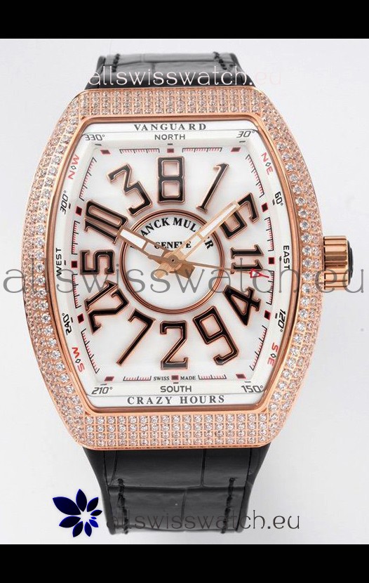 Franck Muller Vanguard Crazy Hours Rose Gold Diamonds - White Dial Swiss Replica Watch 