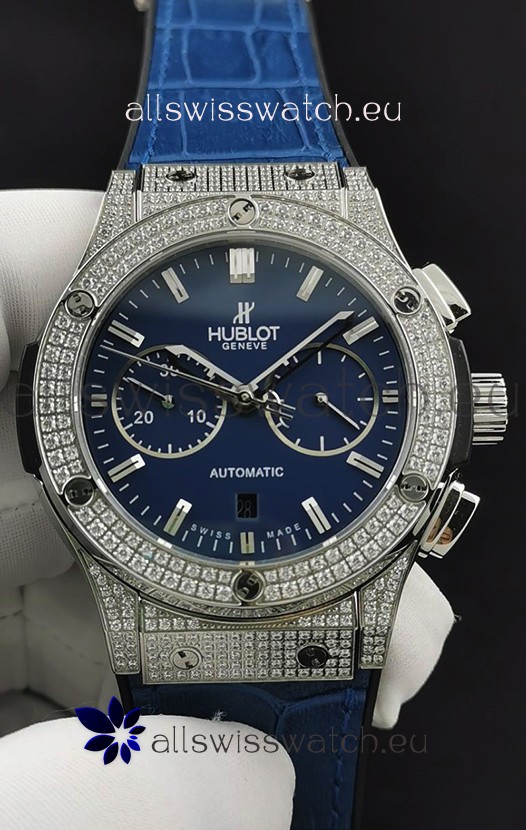 Hublot Classic Fusion Chronograph Steel Diamonds Casing Blue Dial 1:1 Mirror Replica Watch 