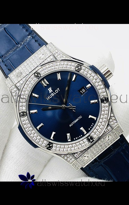 Hublot Classic Fusion Stainless Steel Diamonds Blue Dial Swiss Replica Watch 1:1 Mirror Quality 