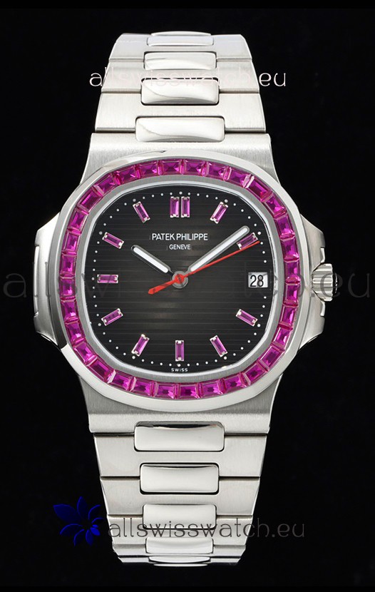 Patek Philippe Nautilus 5711 Black Dial 1:1 Mirror Replica in 904L Steel with Rubies Bezel
