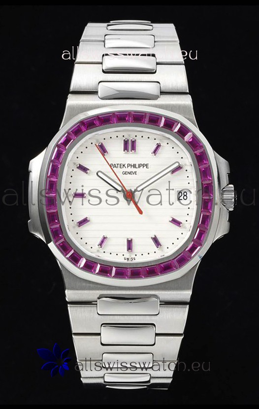 Patek Philippe Nautilus 5711 White Dial 1:1 Mirror Replica in 904L Steel with Rubies Bezel