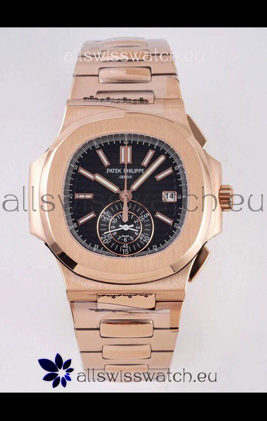 Patek Philippe Nautilus 5980/R Rose Gold 904L Steel Case in Black Dial - 1:1 Mirror Replica