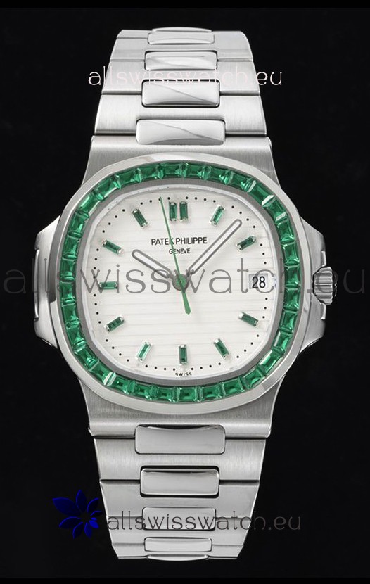 Patek Philippe Nautilus 5711 White Dial 1:1 Mirror Replica in 904L Steel with Rubies Bezel